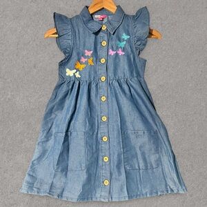 Penelope Mack Girls Chambray Denim Embroidered Butterfly Sleeveless Dress 8